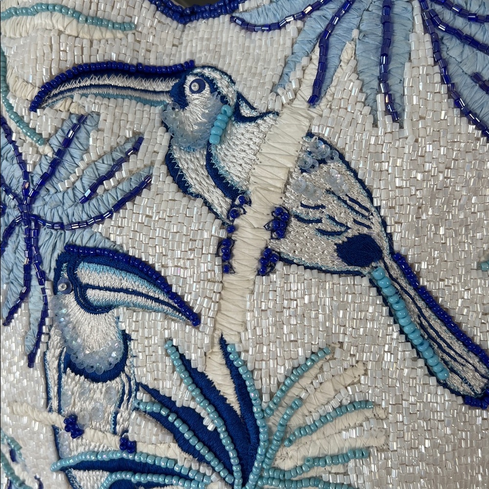 Hand-Beaded Blue & White Tropical Bird Resort Tote | Coastal Chic Like New - Picture 4 of 15